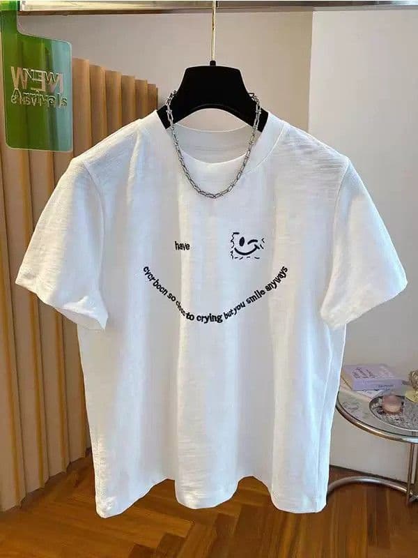 자수 21 순면 특별 빅 사이즈 300 근 웃는 얼굴 알파벳 자수 반팔 티셔츠 여성 여름 섹션 루즈핏 반소매 셔츠 상세 이미지 4