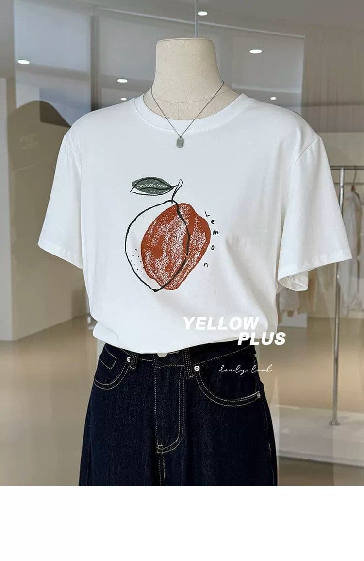 순면 프린트 특별 빅 사이즈 300 근 한국 스타일 수채화 과일 프린트 라운드 넥 반팔 티셔츠 여성 봄 여름 맨위 상세 이미지 25
