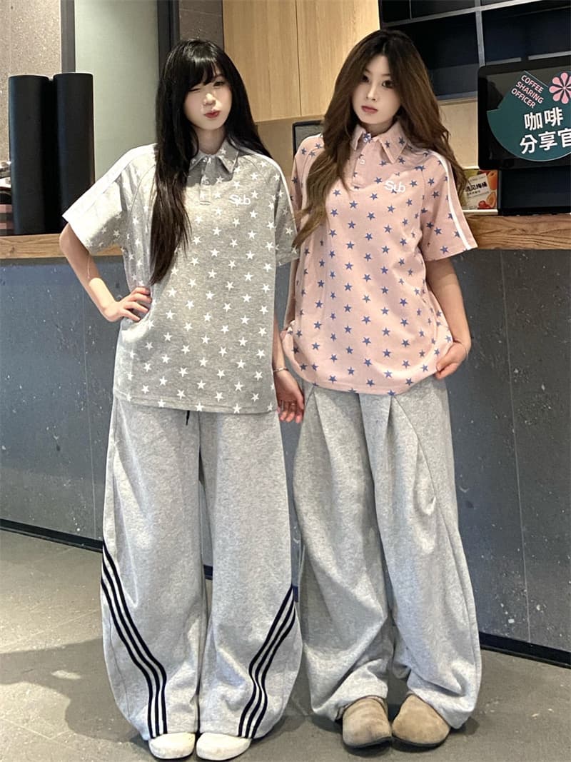 좋은 품질 리본 자수 19 지점 220 그램 순면 아메리칸 새로운 POLO 칼라 삽입 어깨 별 반팔 맨위 여성 이미지 3