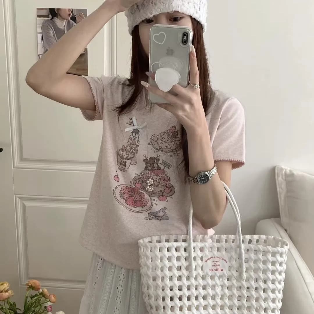 비즈 박기 팬지 커프스 당겨서 치아 한국 스타일 새로운 여름 다용도 반팔 티셔츠 여성 상세 이미지 2