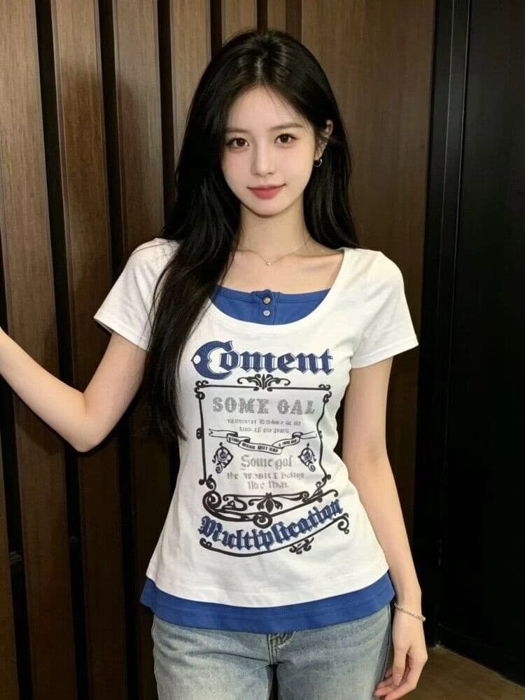 210 그램 40 좋은 면 1 1 아메리칸 레트로 스타일 배색 여름 새로운 알파벳 프린트 허리 수축 슬림해 보이는 맨위