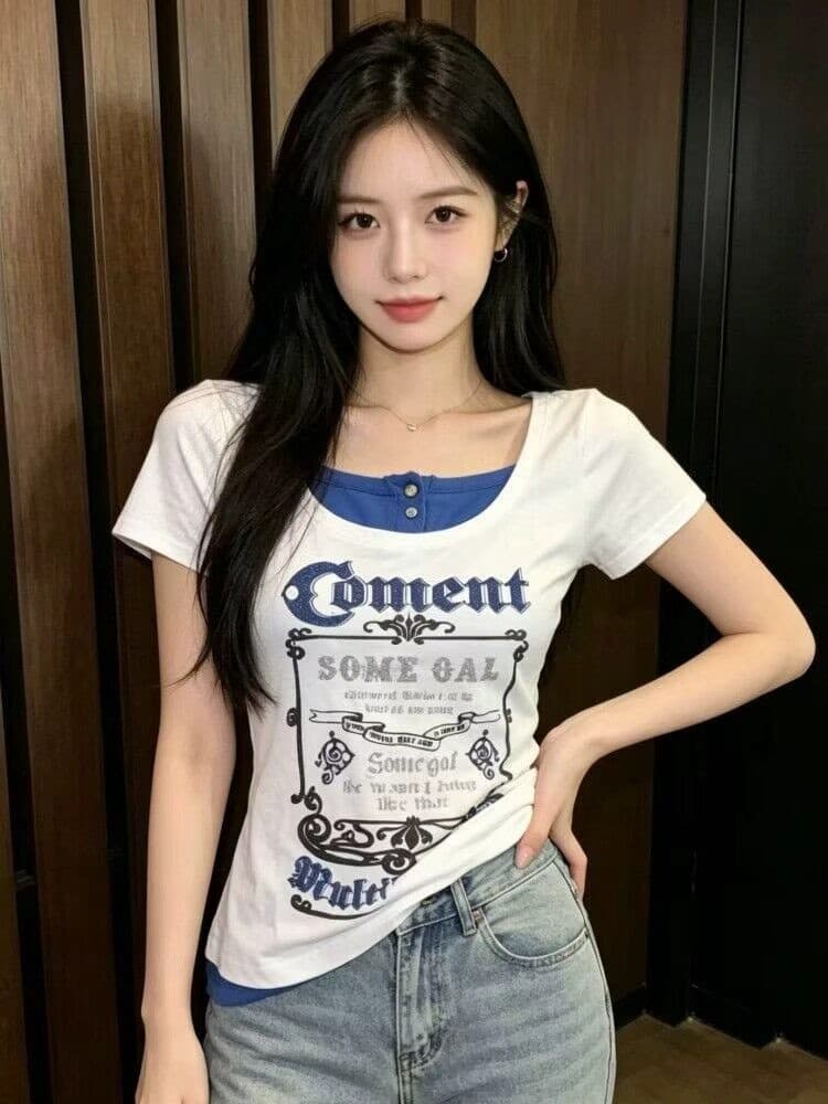 210 그램 40 좋은 면 1 1 아메리칸 레트로 스타일 배색 여름 새로운 알파벳 프린트 허리 수축 슬림해 보이는 맨위 상세 이미지 2