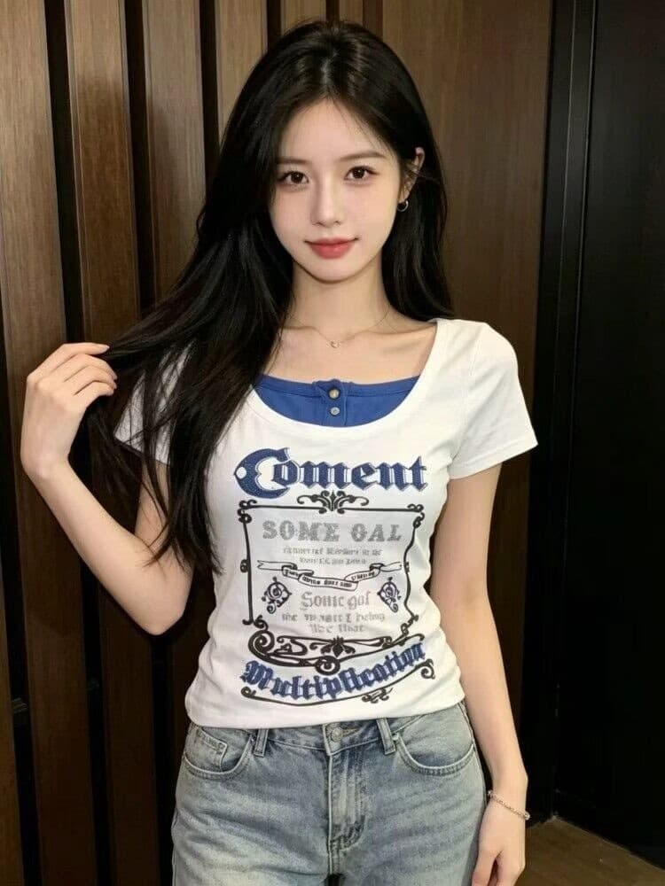 210 그램 40 좋은 면 1 1 아메리칸 레트로 스타일 배색 여름 새로운 알파벳 프린트 허리 수축 슬림해 보이는 맨위 상세 이미지 3