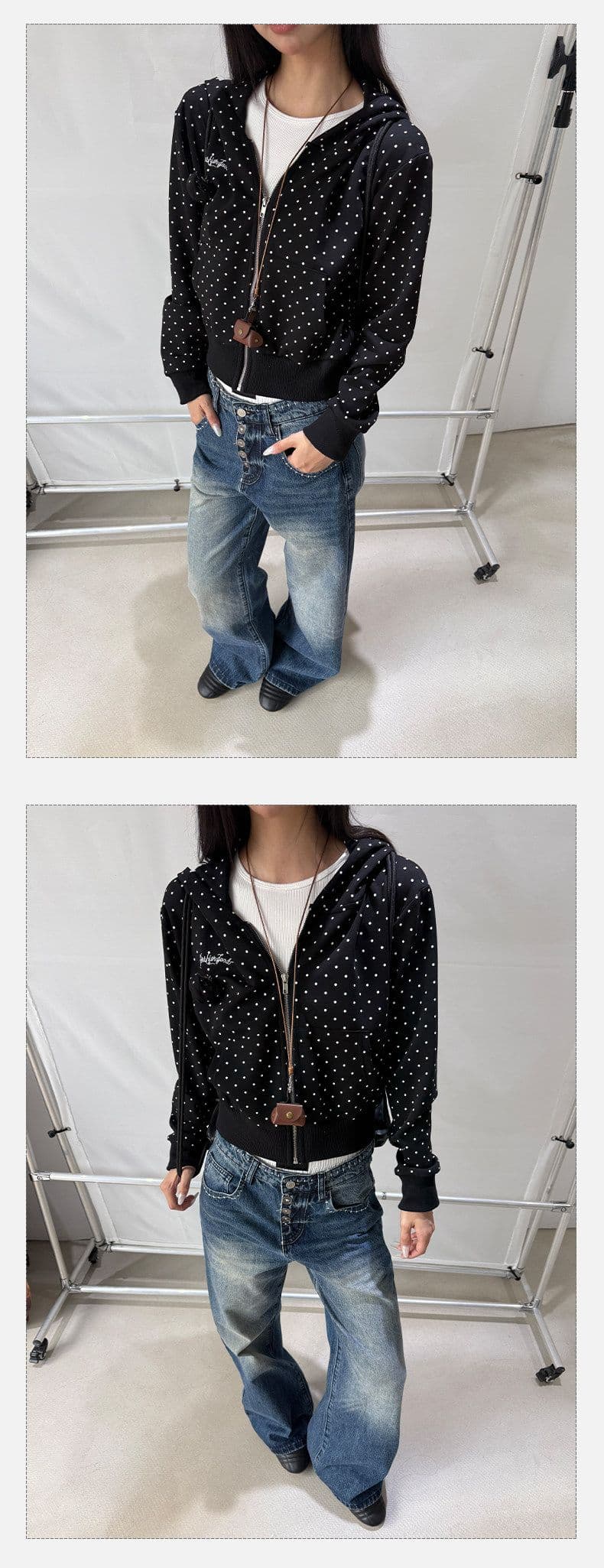 원본 자수 가을 겨울 높음 거리 도트 무늬 전체 인쇄 지퍼 오픈 가디건 후드 티 스웨터 핫걸 몸매 가꾸기 재킷 상세 이미지 5