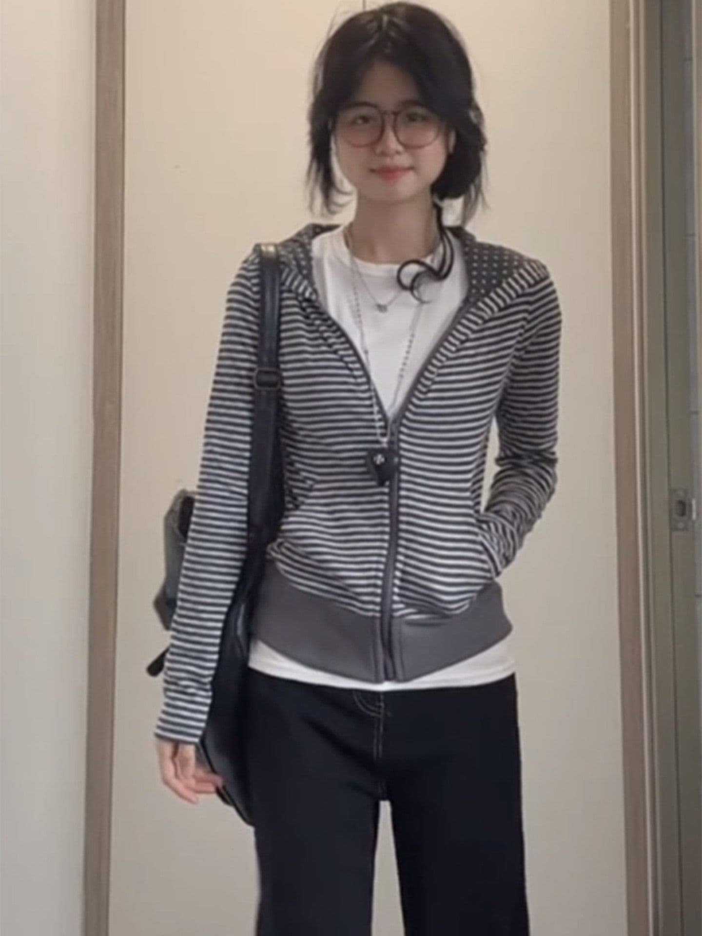 원본 것 스트라이프 오픈 가디건 후드티 여성 봄 가을 디자인 센스 몸매 가꾸기 슬림해 보이는 아메리칸 핫걸 이미지 3