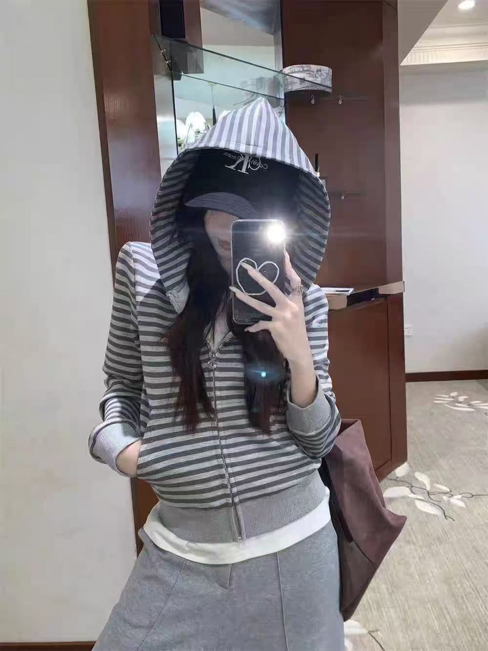 원본 원단 한 부서 스트라이프 허리 수축 후드 티 스웨터 여성 코트 가을 몸매 가꾸기 지퍼 오픈 가디건 맨위