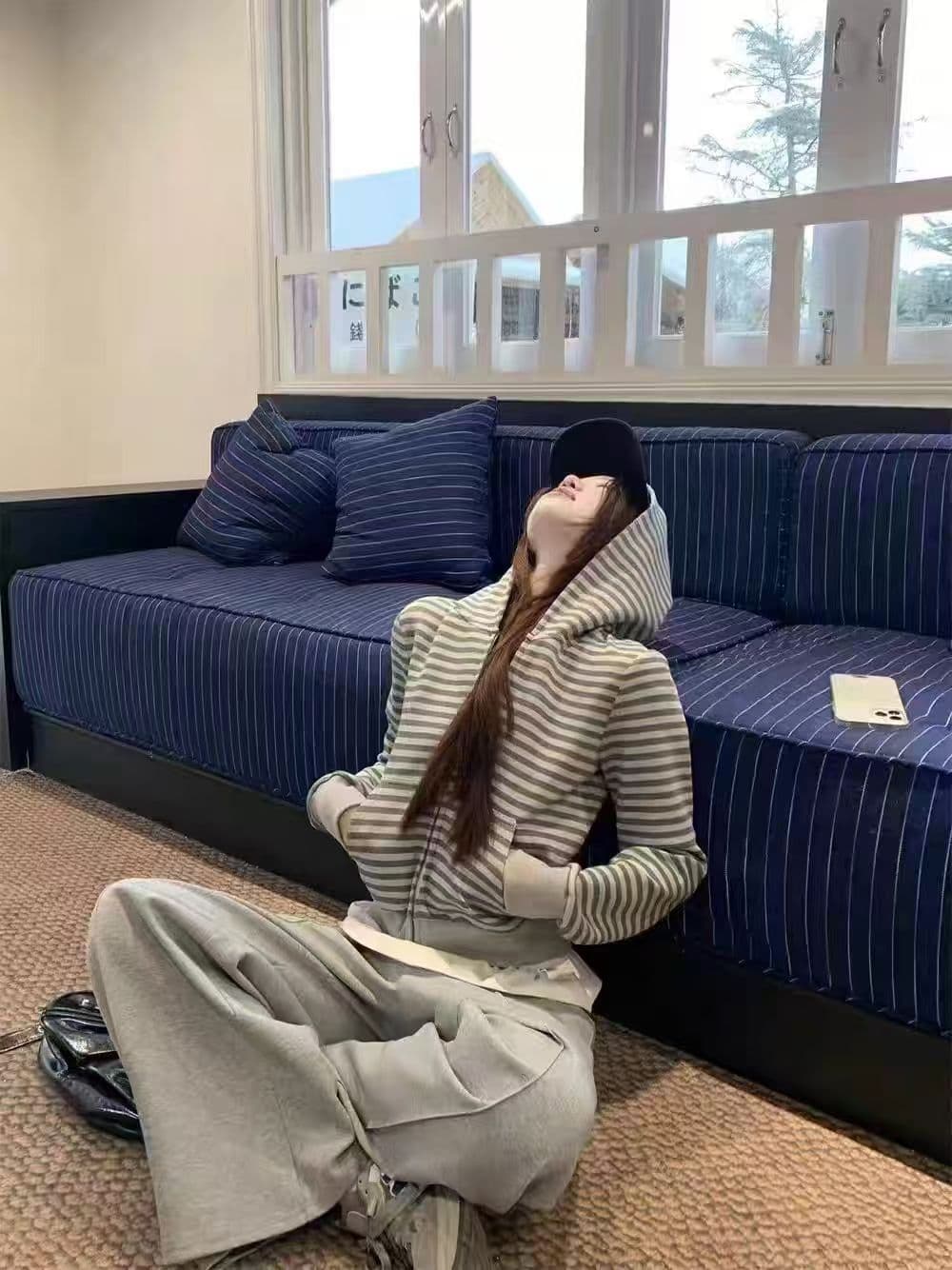 원본 원단 한 부서 스트라이프 허리 수축 후드 티 스웨터 여성 코트 가을 몸매 가꾸기 지퍼 오픈 가디건 맨위 상세 이미지 2