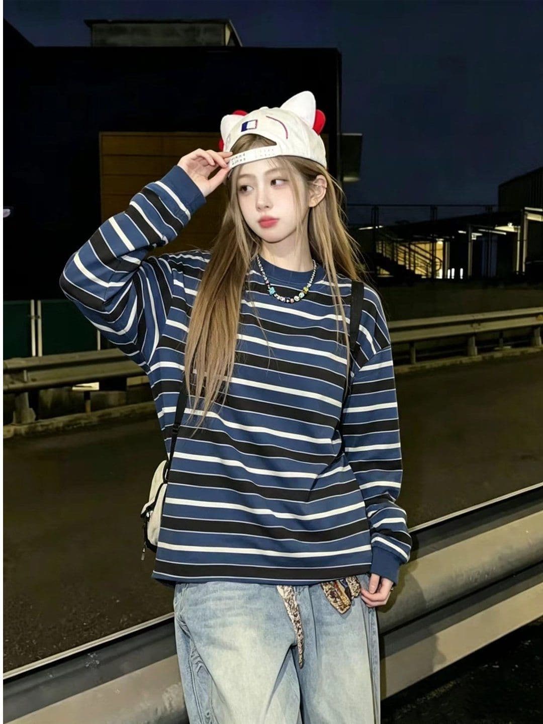 원본 원단 아메리칸 레트로 스트라이프 라운드 넥 긴팔 티셔츠 여성 봄 가을 느슨함 센스 다용도 맨위 이미지 2