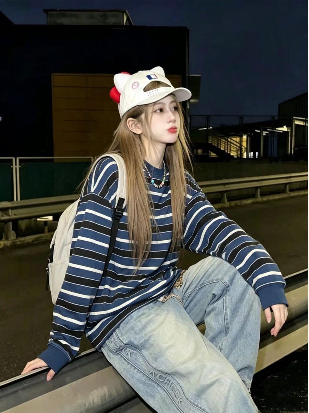 원본 원단 아메리칸 레트로 스트라이프 라운드 넥 긴팔 티셔츠 여성 봄 가을 느슨함 센스 다용도 맨위