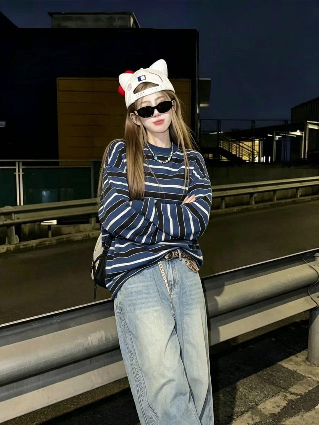 원본 원단 아메리칸 레트로 스트라이프 라운드 넥 긴팔 티셔츠 여성 봄 가을 느슨함 센스 다용도 맨위 이미지 3