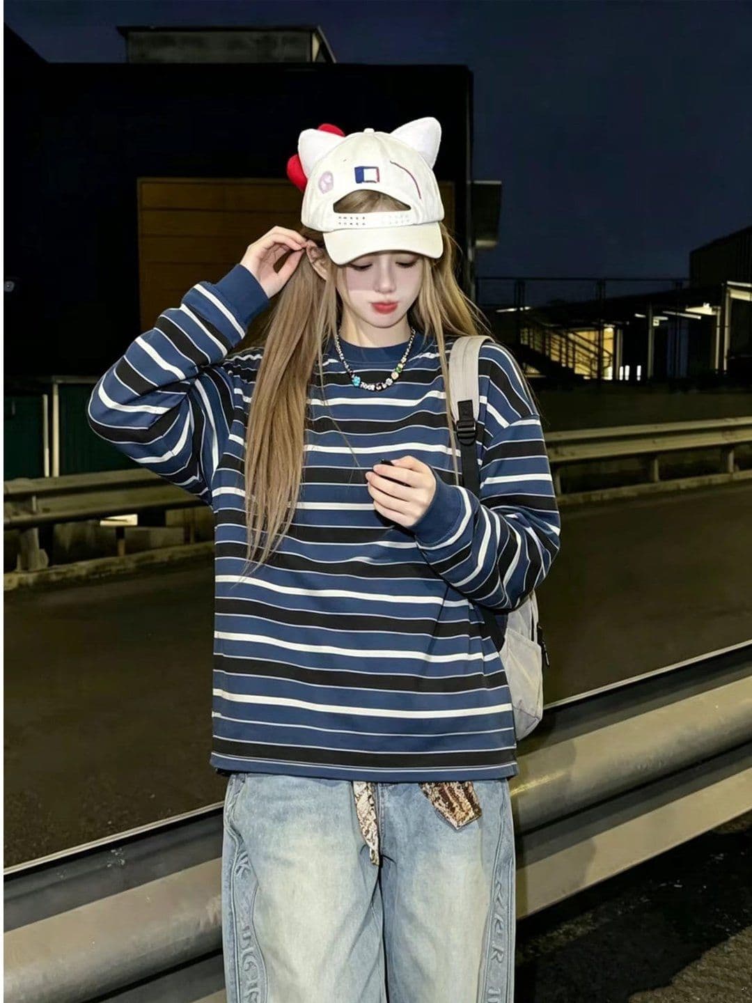 원본 원단 아메리칸 레트로 스트라이프 라운드 넥 긴팔 티셔츠 여성 봄 가을 느슨함 센스 다용도 맨위 이미지 4