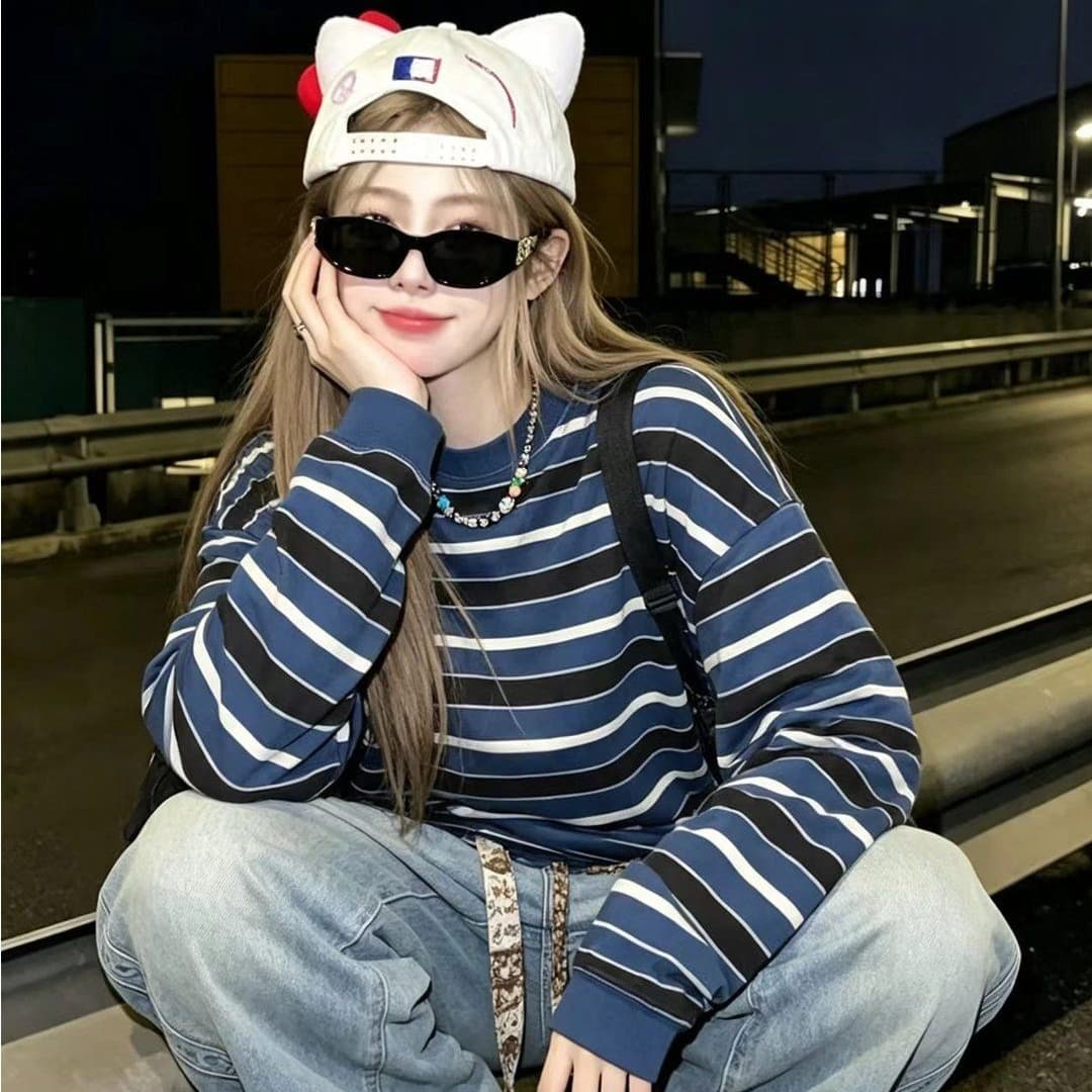 원본 원단 아메리칸 레트로 스트라이프 라운드 넥 긴팔 티셔츠 여성 봄 가을 느슨함 센스 다용도 맨위 이미지 5