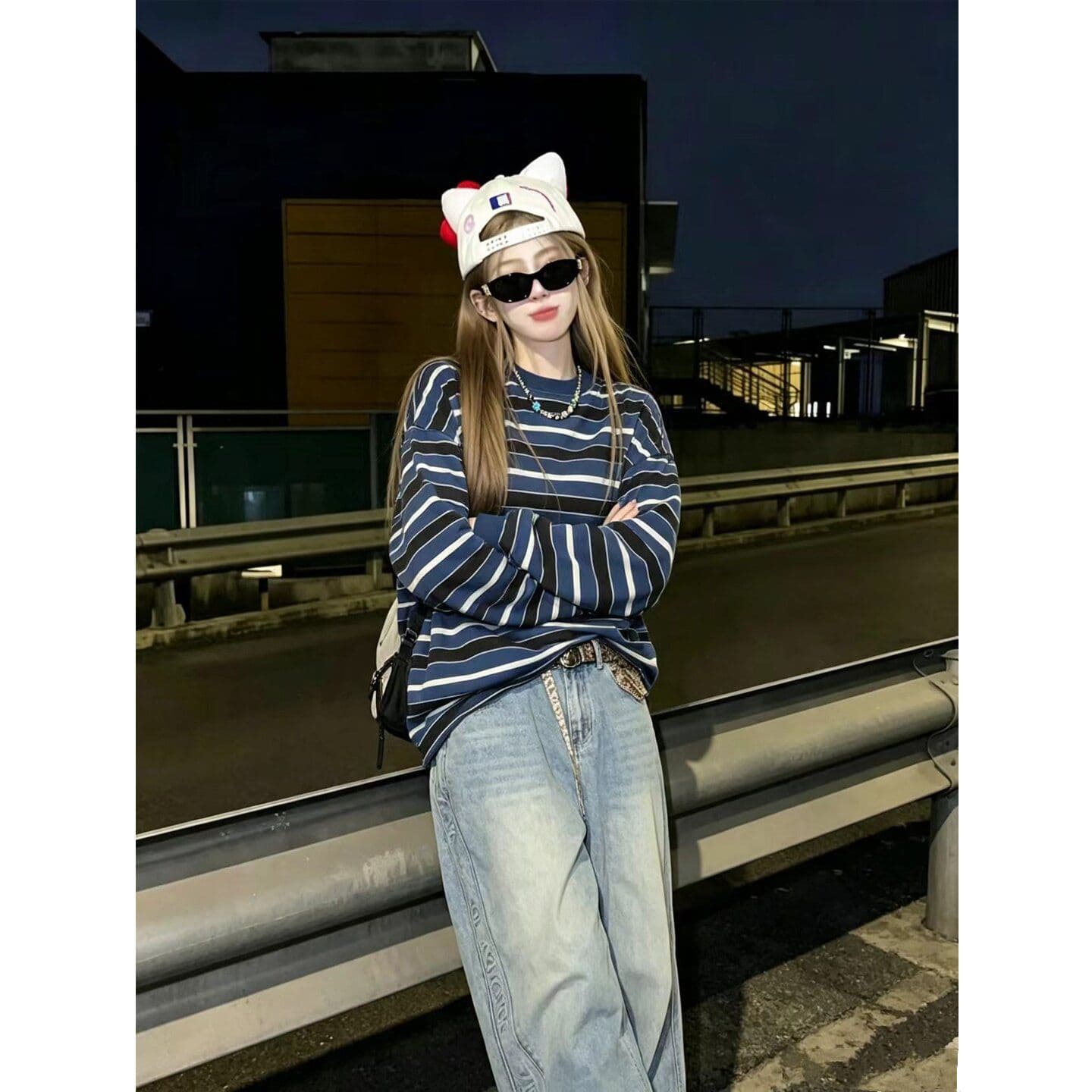 원본 원단 아메리칸 레트로 스트라이프 라운드 넥 긴팔 티셔츠 여성 봄 가을 느슨함 센스 다용도 맨위 상세 이미지 3