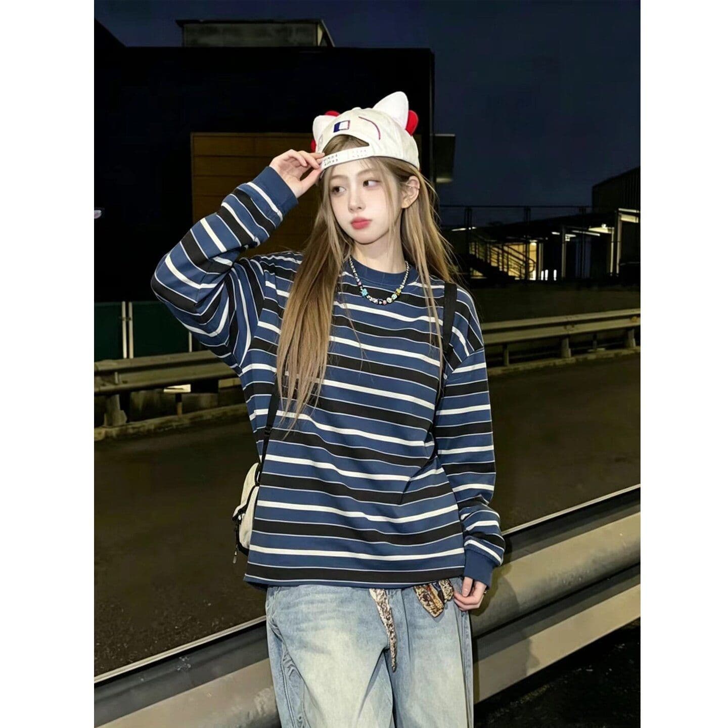 원본 원단 아메리칸 레트로 스트라이프 라운드 넥 긴팔 티셔츠 여성 봄 가을 느슨함 센스 다용도 맨위 상세 이미지 4