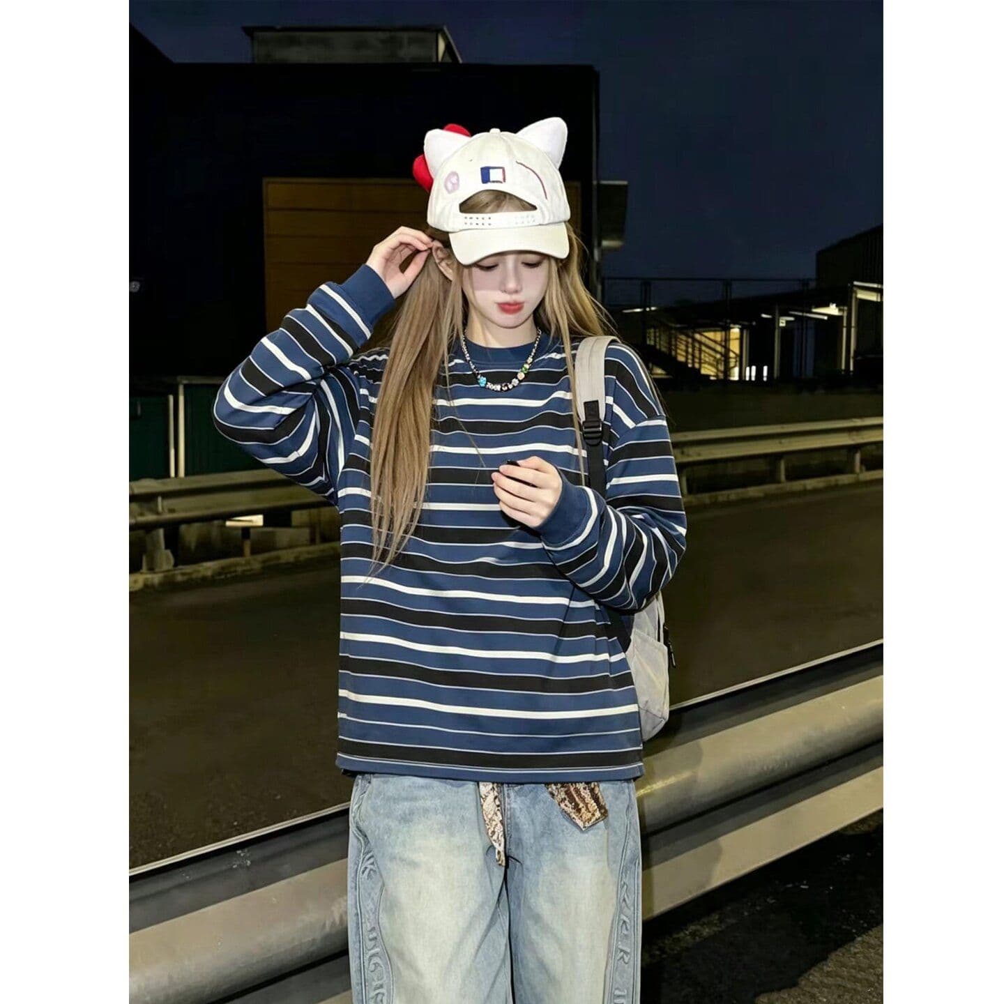원본 원단 아메리칸 레트로 스트라이프 라운드 넥 긴팔 티셔츠 여성 봄 가을 느슨함 센스 다용도 맨위 상세 이미지 7