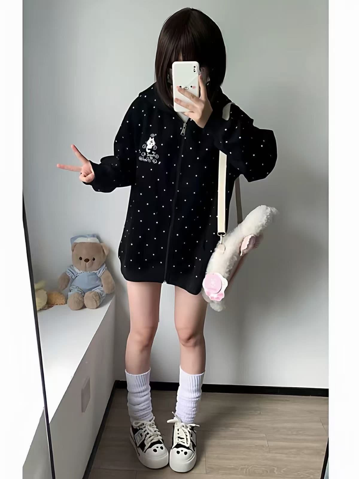 순면 얇은 스타일 320 그램 털이 있는 400g 귀여운 만화 도트 무늬 후드 오픈 가디건 후드티 재킷 여성 셔츠
