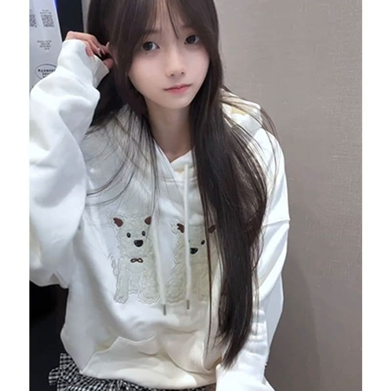 한 부서 학원 스타일 귀여운 강아지 패치 자수 후드 티 스웨터 여성 가을 겨울 루즈핏 다용도 캐주얼 켜기 외투 셔츠 이미지 3