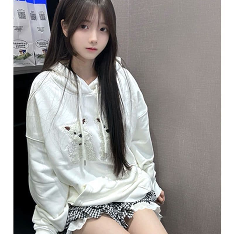 한 부서 학원 스타일 귀여운 강아지 패치 자수 후드 티 스웨터 여성 가을 겨울 루즈핏 다용도 캐주얼 켜기 외투 셔츠 이미지 4