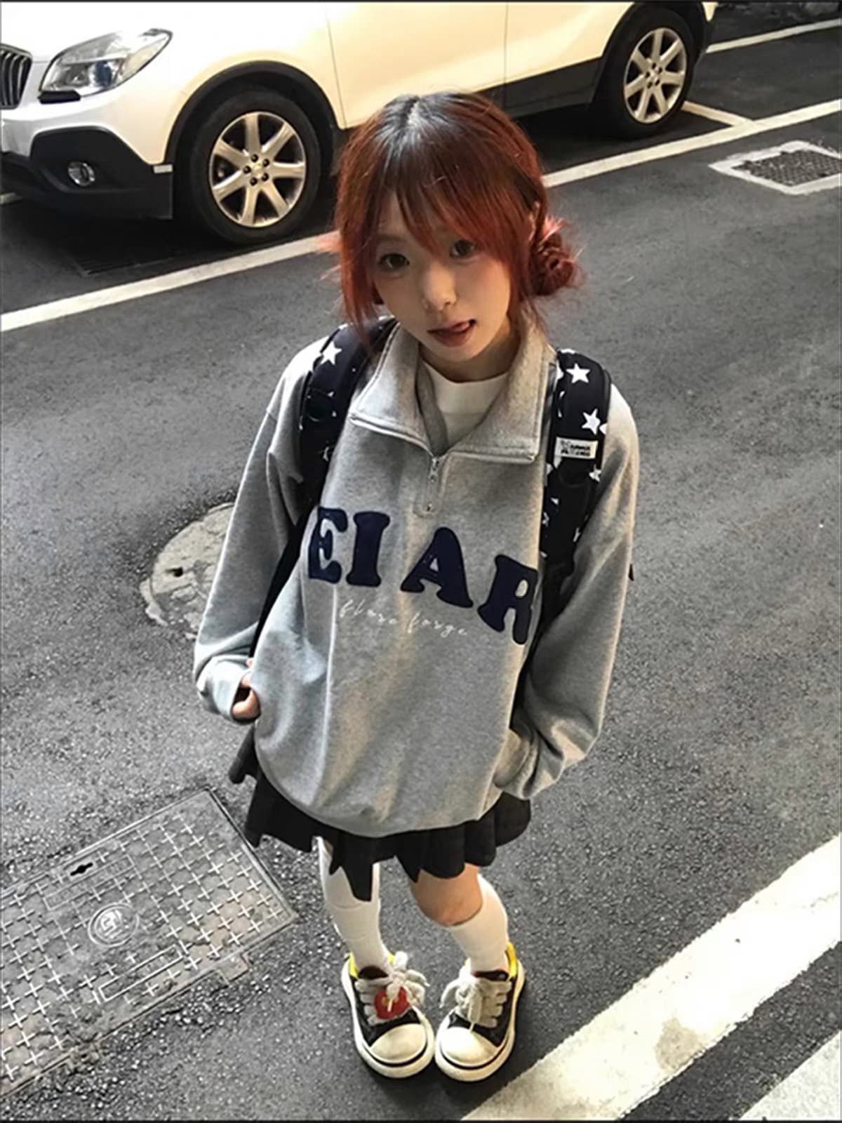 순수한 Mianhua 면 털이 있는 한국 스타일 새로운 자수 알파벳 하프 지퍼 폴로 칼라 후드티 여성 없음 모자 긴팔 후드티 여성 상세 이미지 1
