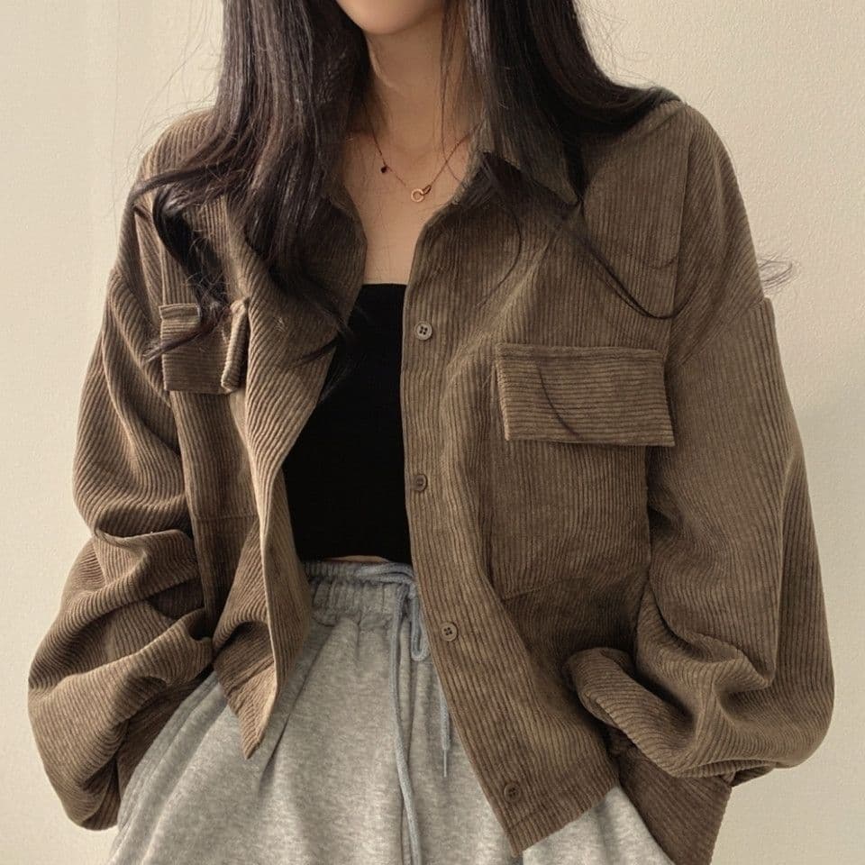 한국 chic 봄 가을 프랑스식 레트로 다용도 단추 폴로 칼라 쇼트 스타일 코듀로이 셔츠 긴팔 여성 코트 펌프 로프 이미지 5