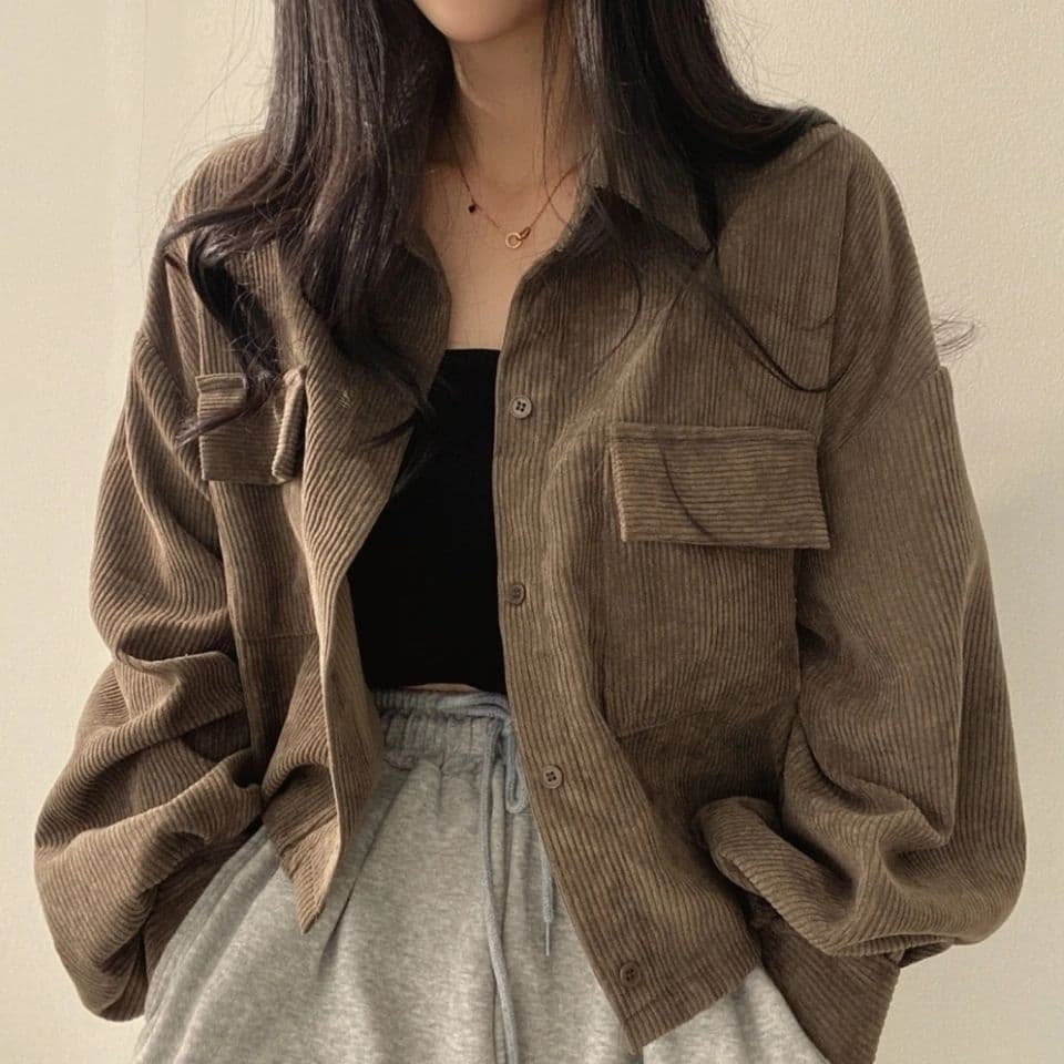 한국 chic 봄 가을 프랑스식 레트로 다용도 단추 폴로 칼라 쇼트 스타일 코듀로이 셔츠 긴팔 여성 코트 펌프 로프 상세 이미지 4