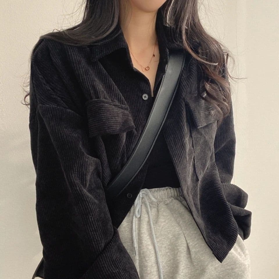 한국 chic 봄 가을 프랑스식 레트로 다용도 단추 폴로 칼라 쇼트 스타일 코듀로이 셔츠 긴팔 여성 코트 펌프 로프 상세 이미지 5