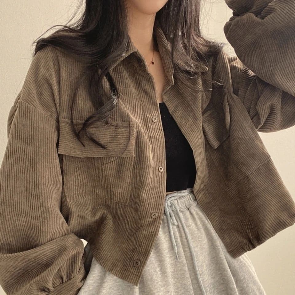 한국 chic 봄 가을 프랑스식 레트로 다용도 단추 폴로 칼라 쇼트 스타일 코듀로이 셔츠 긴팔 여성 코트 펌프 로프 상세 이미지 9