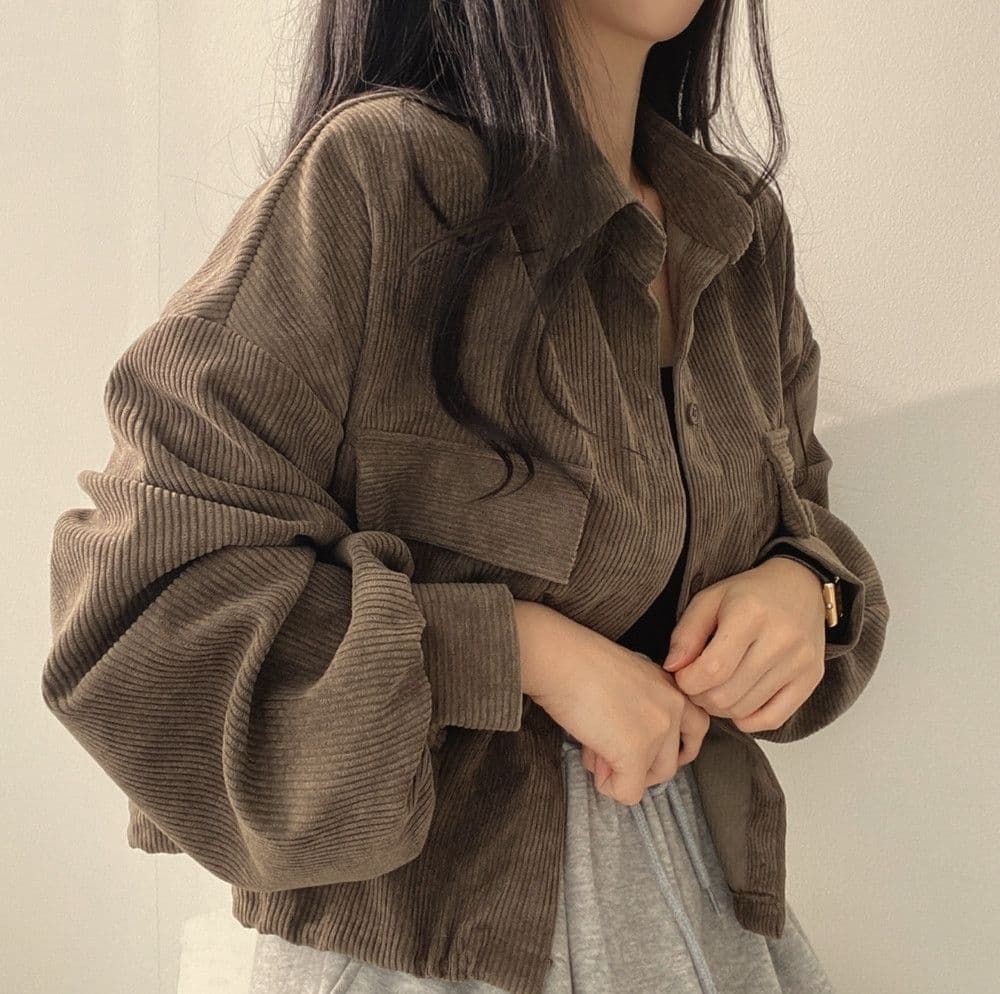 한국 chic 봄 가을 프랑스식 레트로 다용도 단추 폴로 칼라 쇼트 스타일 코듀로이 셔츠 긴팔 여성 코트 펌프 로프 상세 이미지 12