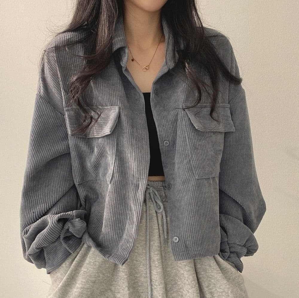 한국 chic 봄 가을 프랑스식 레트로 다용도 단추 폴로 칼라 쇼트 스타일 코듀로이 셔츠 긴팔 여성 코트 펌프 로프 상세 이미지 19