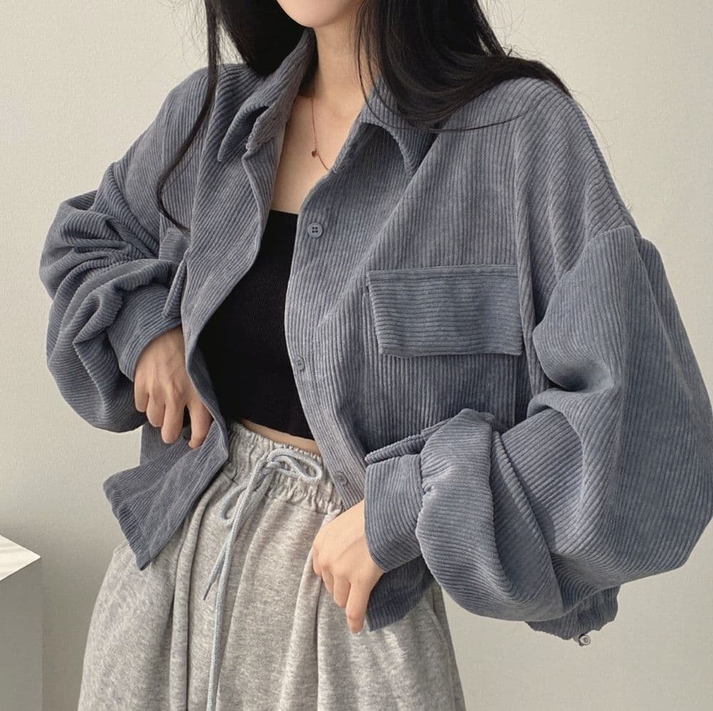 한국 chic 봄 가을 프랑스식 레트로 다용도 단추 폴로 칼라 쇼트 스타일 코듀로이 셔츠 긴팔 여성 코트 펌프 로프 상세 이미지 21