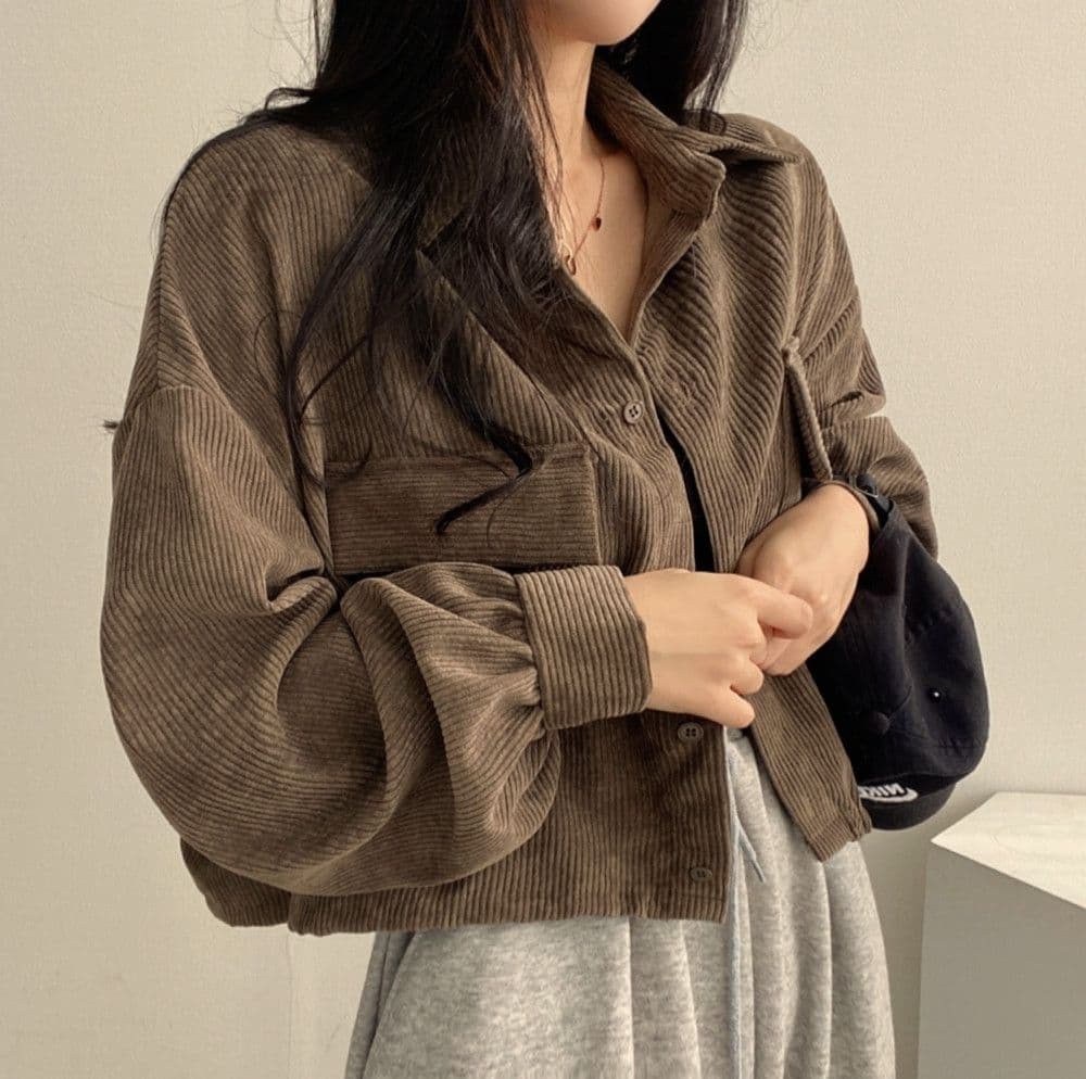 한국 chic 봄 가을 프랑스식 레트로 다용도 단추 폴로 칼라 쇼트 스타일 코듀로이 셔츠 긴팔 여성 코트 펌프 로프 상세 이미지 27