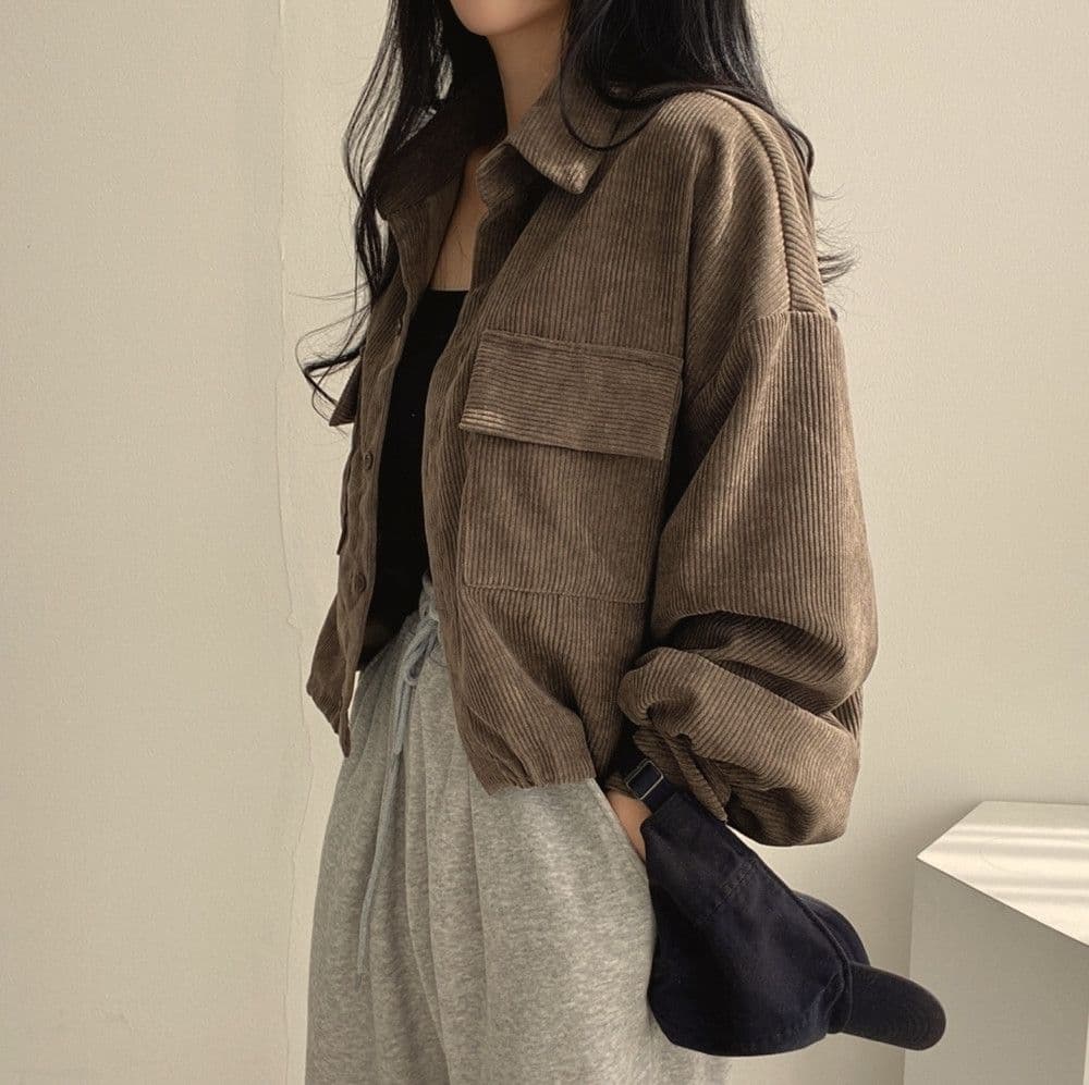 한국 chic 봄 가을 프랑스식 레트로 다용도 단추 폴로 칼라 쇼트 스타일 코듀로이 셔츠 긴팔 여성 코트 펌프 로프 상세 이미지 31