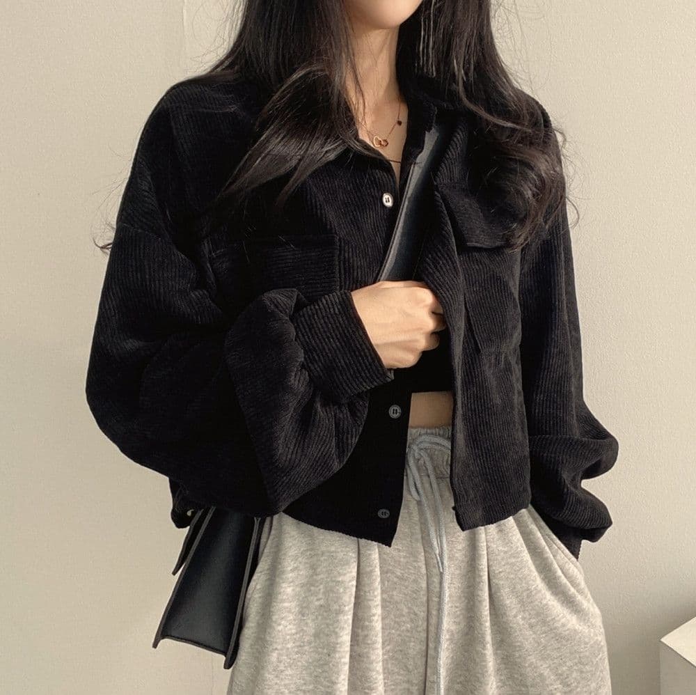 한국 chic 봄 가을 프랑스식 레트로 다용도 단추 폴로 칼라 쇼트 스타일 코듀로이 셔츠 긴팔 여성 코트 펌프 로프 상세 이미지 36