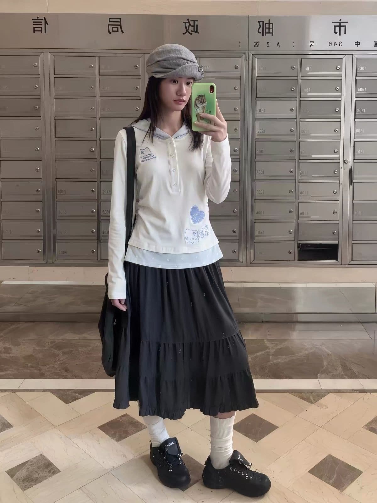 자수 보안 버클 행침 카드 40 순면 230 크 페이크 레이어드 긴팔 s-xl 이미지 2