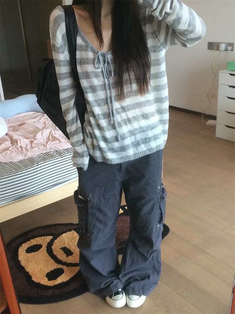 원본 솜씨 펌프 로프 스트라이프 해마 털 니트 하프 ~을 통해 대 칼라 스트라이프 블라우스 여성 상세 이미지 7
