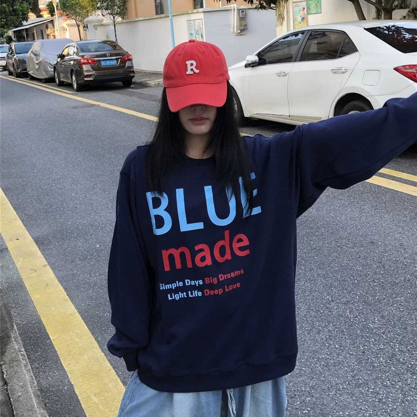 후아 면 복합 프린트 라운드 넥 후드티 여성 얇은 스타일 털이 있는 이미지 5