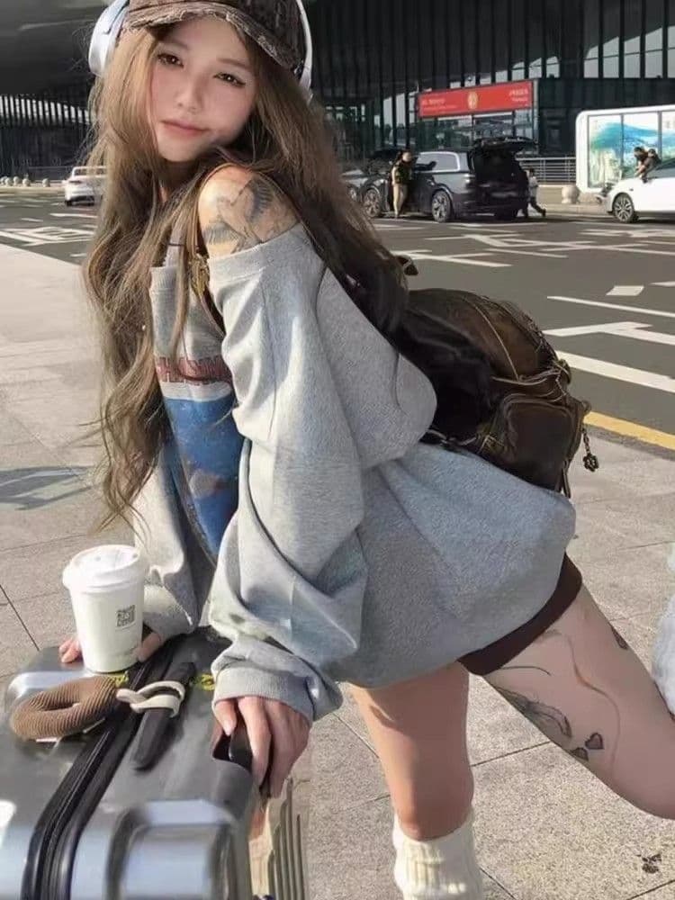 비스듬한 칼라 남자 바 면 300 그램 이후 패키지 칼라 색상 내부 및 외부 같은 색상 프린트 긴팔 루즈핏 풀오버 스웨트셔츠 여성 이미지 2