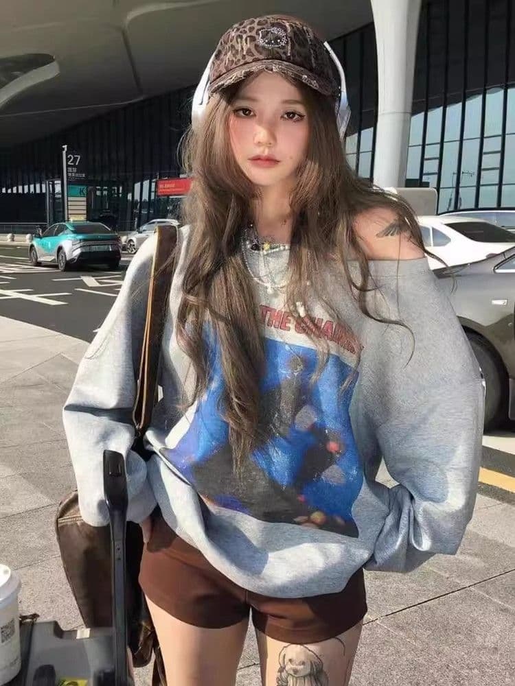 비스듬한 칼라 남자 바 면 300 그램 이후 패키지 칼라 색상 내부 및 외부 같은 색상 프린트 긴팔 루즈핏 풀오버 스웨트셔츠 여성