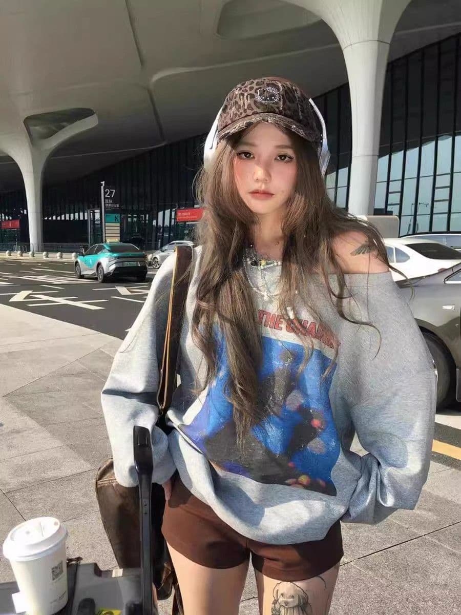 비스듬한 칼라 남자 바 면 300 그램 이후 패키지 칼라 색상 내부 및 외부 같은 색상 프린트 긴팔 루즈핏 풀오버 스웨트셔츠 여성 상세 이미지 2