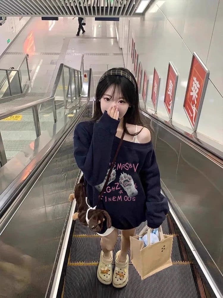 비스듬한 칼라 남자 바 면 300 그램 이후 패키지 칼라 색상 내부 및 외부 같은 색상 프린트 긴팔 루즈핏 풀오버 스웨트셔츠 여성 이미지 2