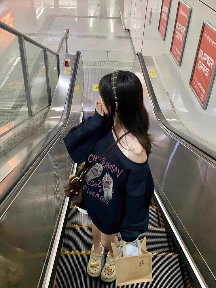 비스듬한 칼라 남자 바 면 300 그램 이후 패키지 칼라 색상 내부 및 외부 같은 색상 프린트 긴팔 루즈핏 풀오버 스웨트셔츠 여성 이미지 4