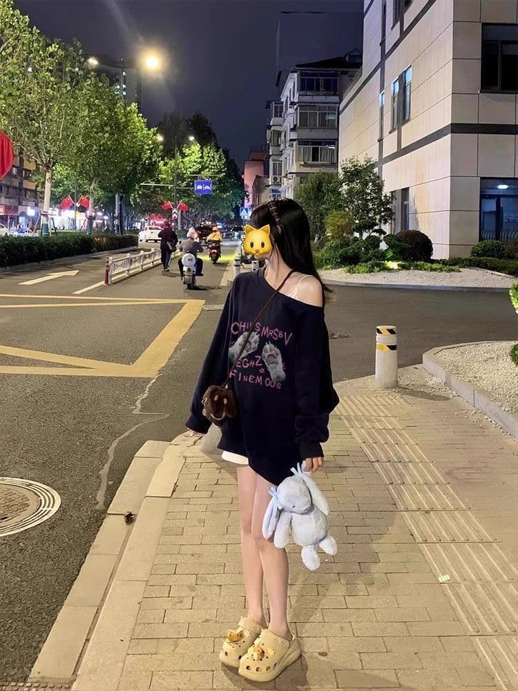 비스듬한 칼라 남자 바 면 300 그램 이후 패키지 칼라 색상 내부 및 외부 같은 색상 프린트 긴팔 루즈핏 풀오버 스웨트셔츠 여성 이미지 3