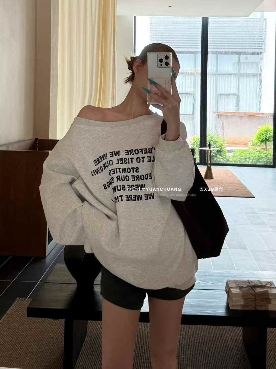 남자 바 면 300 그램 이후 패키지 칼라 색상 내부 및 외부 같은 색상 프린트 긴팔 루즈핏 풀오버 스웨트셔츠 여성 상세 이미지 2