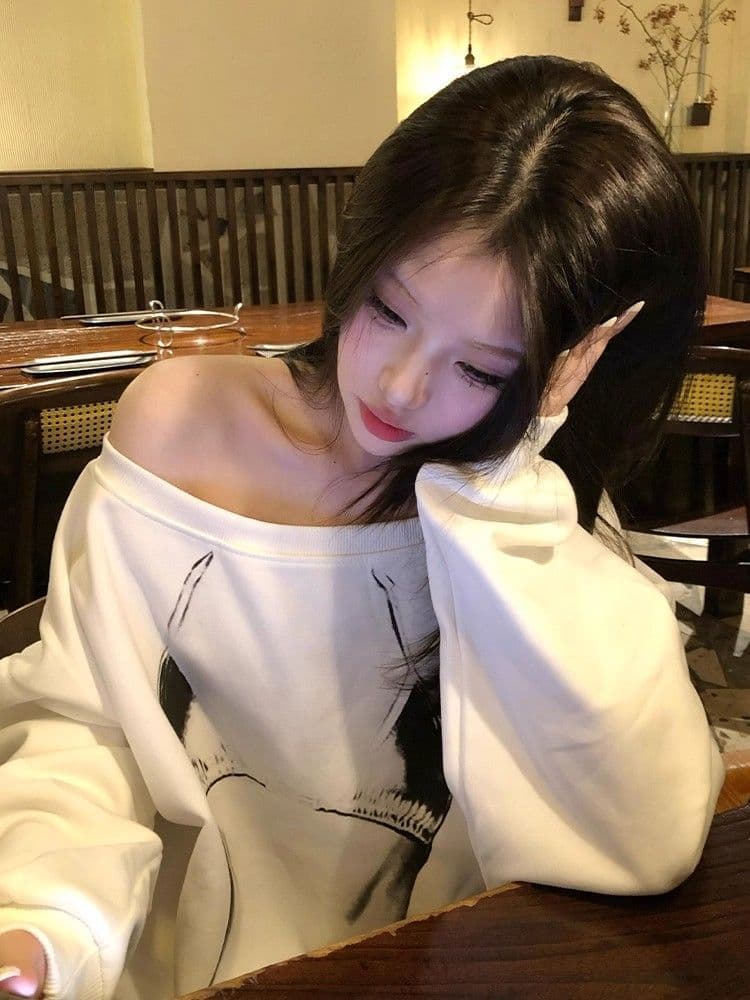 남자 바 면 300 그램 이후 패키지 칼라 색상 내부 및 외부 같은 색상 프린트 긴팔 루즈핏 풀오버 스웨트셔츠 여성 상세 이미지 6