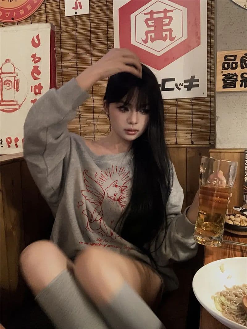 남자 바 면 300 그램 이후 패키지 칼라 색상 내부 및 외부 같은 색상 프린트 긴팔 루즈핏 풀오버 스웨트셔츠 여성 상세 이미지 4