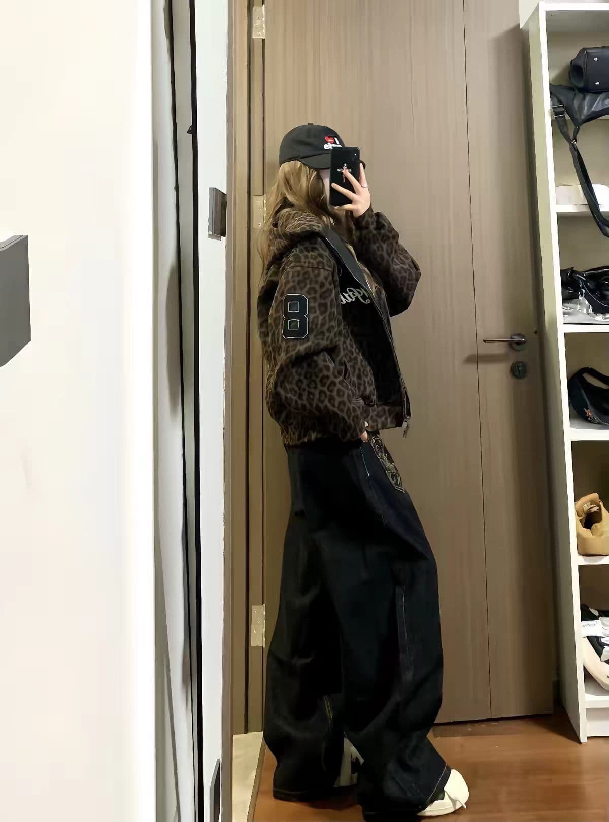 원본 솜씨 자수 레오파드 무늬 프린트 순수한 Mianhua 면 스트라이프 후드 오픈 가디건 후드티 이미지 3