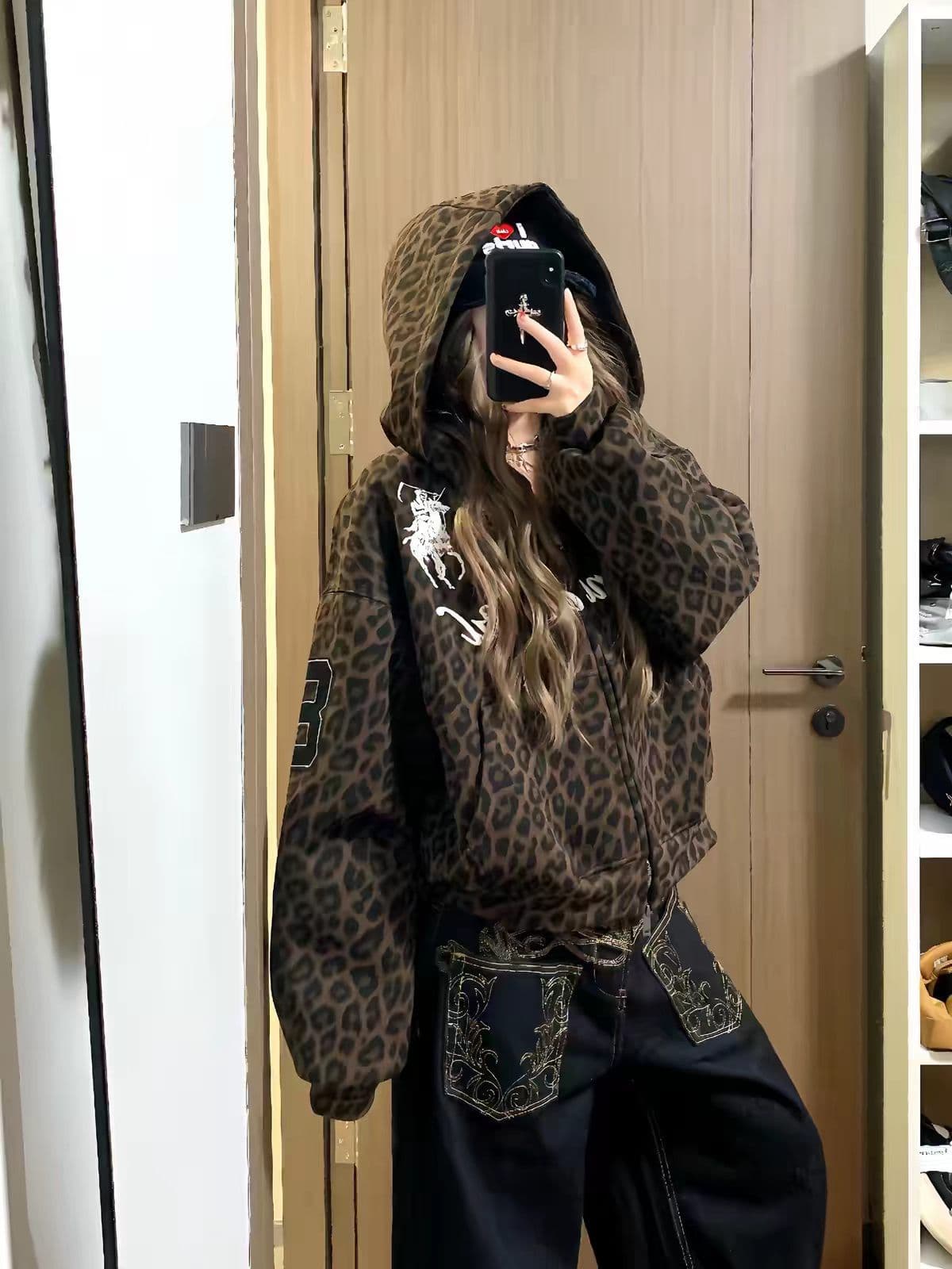원본 솜씨 자수 레오파드 무늬 프린트 순수한 Mianhua 면 스트라이프 후드 오픈 가디건 후드티
