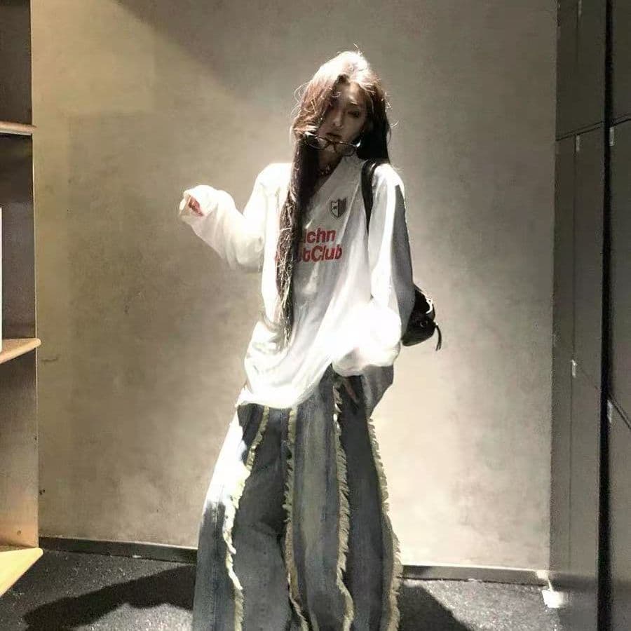 원본 운동 원단 원본 솜씨 아메리칸 스트라이프 알파벳 프린트 얼음 센스 저지 긴팔 티셔츠 남녀 가을 이미지 2