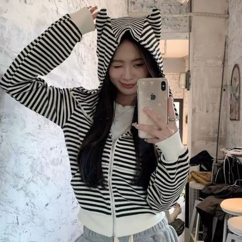 작은 악마 귀 스트라이프 후드 여성 코트 봄 가을 폭발 한 부서 달콤한 매운맛 디자인 센스 몸매 가꾸기 쇼트 스타일 후드티 상세 이미지 2