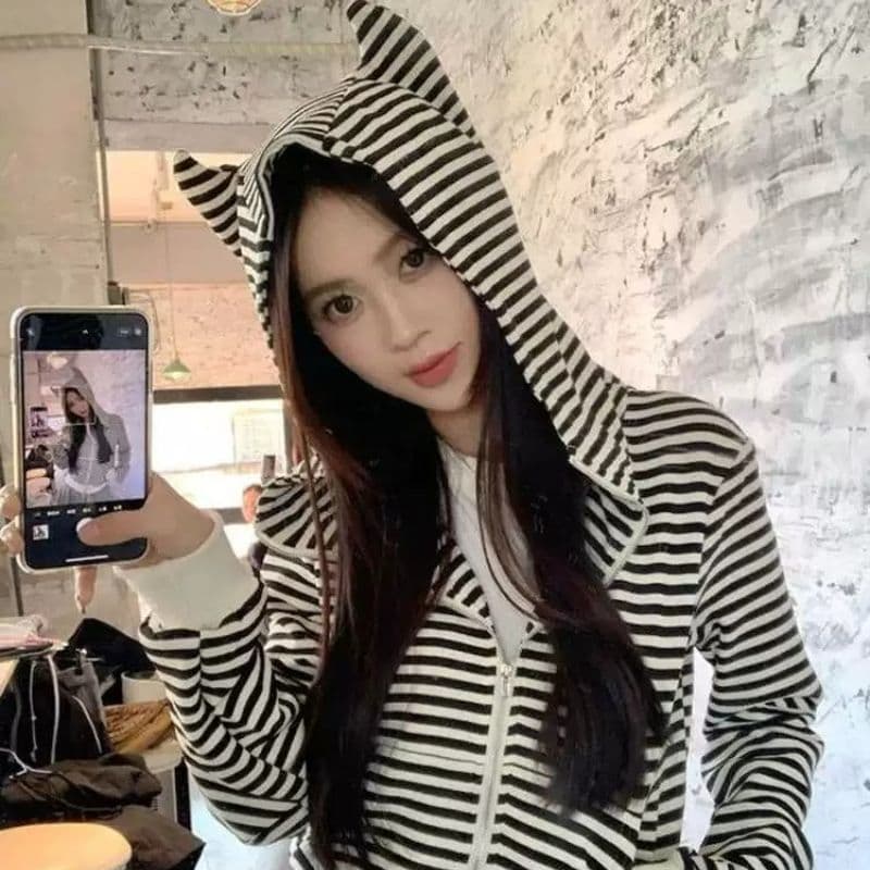 작은 악마 귀 스트라이프 후드 여성 코트 봄 가을 폭발 한 부서 달콤한 매운맛 디자인 센스 몸매 가꾸기 쇼트 스타일 후드티 상세 이미지 3